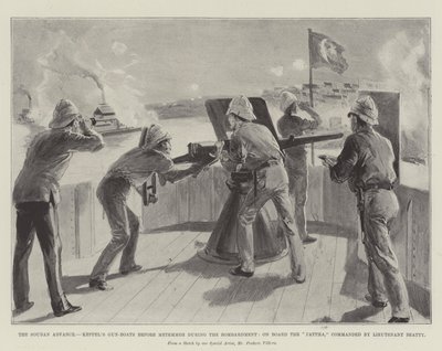 ذا سودان أدفانس ، قوارب كيبل النارية قبل ميتيميه خلال القصف ، على متن الفتحة ، بقيادة الملازم بيتي بواسطة فريدريك فيليرز